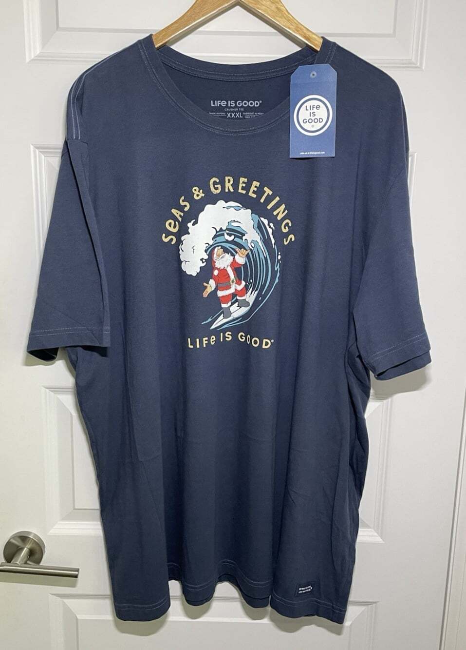 New Life Is Good Mens XXXL Surfing Santa Blue Graphic Cotton T-Shirt Christmas